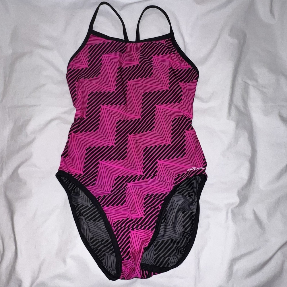 DOLFIN Tracks Reversible Cross Back Swimsuit Hot Pink Black Gray Geometric